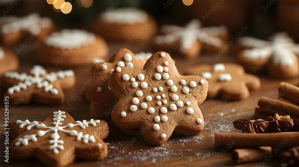 Close-up of star-shaped gingerbread cookies decorated with white frosting and scattered with cinnamon sticks and star anise. Close-up of star-shaped gingerbread cookies decorated with white frosting and scattered with cinnamon sticks and star anise.