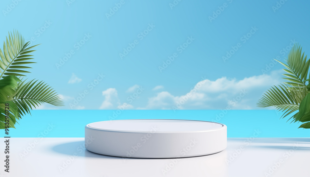 White Round Podium with Palm Leaves and Blue Sky Background White Round Podium with Palm Leaves and Blue Sky Background