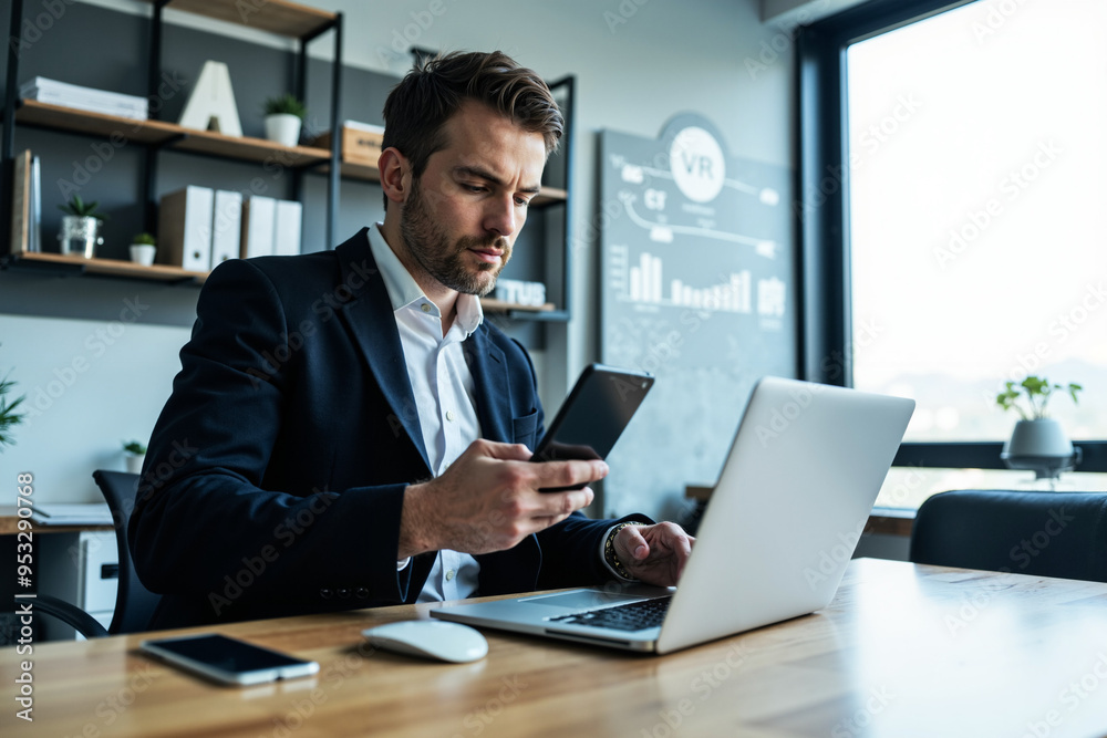 Multitasking Businessman with Tech Devices in Modern Office: Perfect for Business Tech Ads and Digital Transformation Multitasking Businessman with Tech Devices in Modern Office: Perfect for Business Tech Ads and Digital Transformation