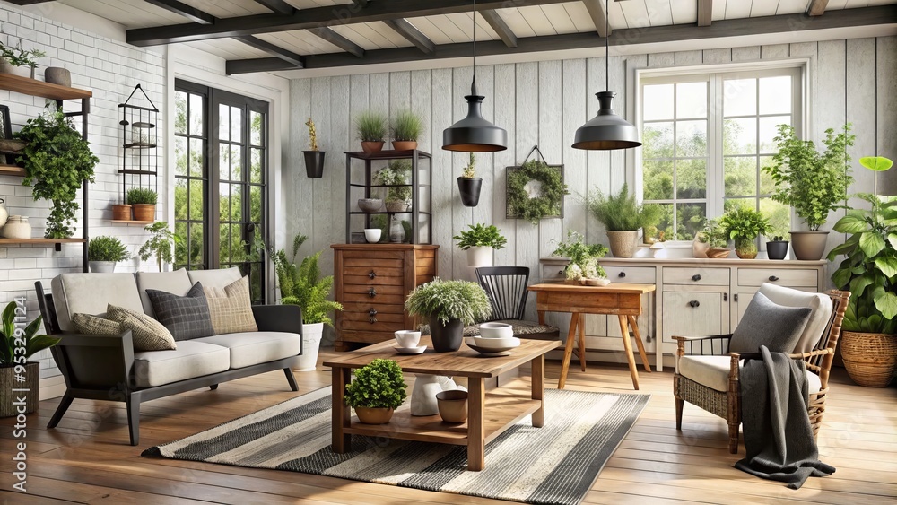 Fototapeta premium Rustic wooden furniture pieces in a cozy farmhouse setting, freshly painted in contrasting black and white hues, surrounded by vintage decor and lush greenery.