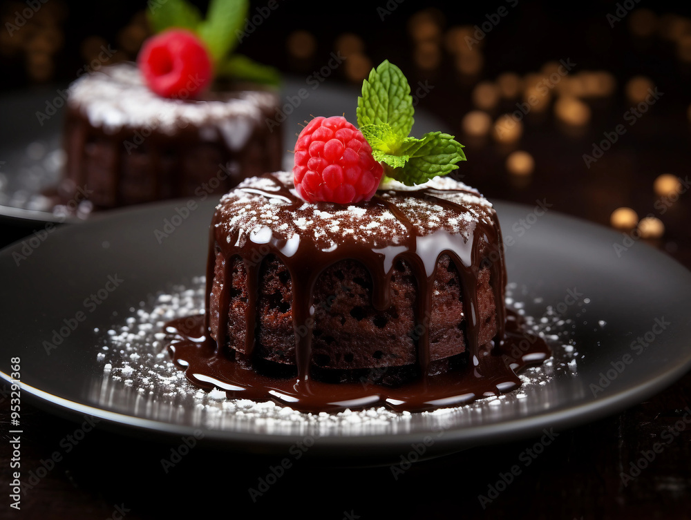little Chocolate Cakes on white plates dark background little Chocolate Cakes on white plates dark background
