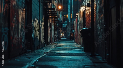 A narrow urban alleyway illuminated by a series of dim streetlights, casting a moody and atmospheric glow on the surroundings. The walls are covered with various graffiti art, showcasing colorful and  photo