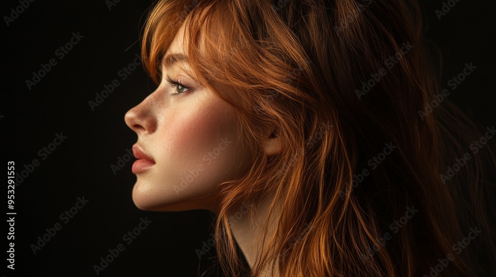 Side profile of a woman with long, flowing hair, looking contemplative and elegant, with soft lighting highlighting the contours of her face. Side profile of a woman with long, flowing hair, looking contemplative and elegant, with soft lighting highlighting the contours of her face.