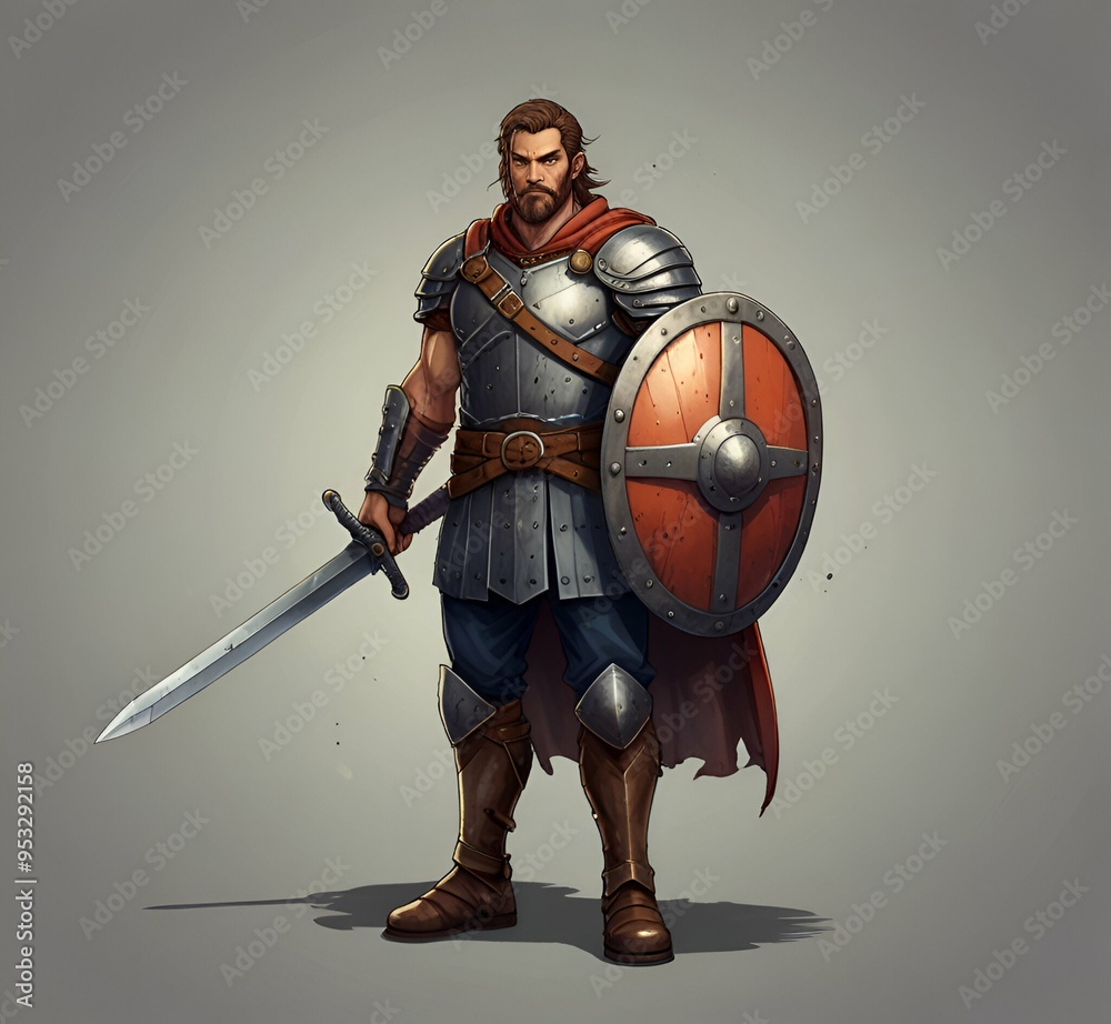 Obraz premium character warrior with sword and shield cartoon style AI generative