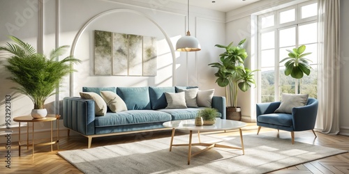 Serene minimalism, morning sunlight, soft blue velvet sofa, white marble coffee table, cream-colored rug, and lush greenery against crisp white walls.