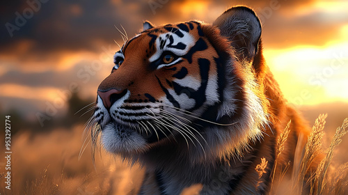 Close-up portrait of a tiger looking into the distance at sunset. photo