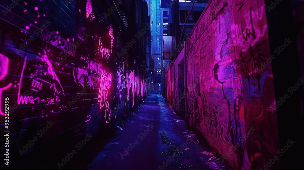 A narrow urban alleyway is captured at night, bathed in vibrant neon hues of pink and blue lights. Both brick walls lining the alley are heavily adorned with various graffiti and street art, glowing v A narrow urban alleyway is captured at night, bathed in vibrant neon hues of pink and blue lights. Both brick walls lining the alley are heavily adorned with various graffiti and street art, glowing v