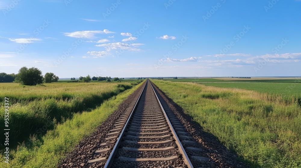 Straight railway tracks extending into the distance through a lush green landscape, with a clear blue sky above and a few clouds. Straight railway tracks extending into the distance through a lush green landscape, with a clear blue sky above and a few clouds.