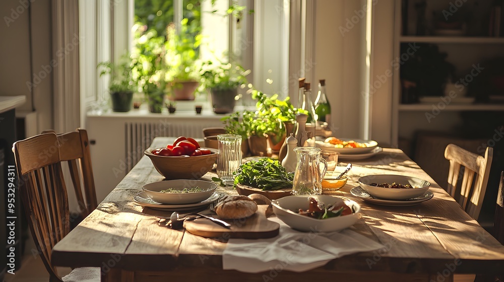 A warm inviting dining table set with fresh organic ingredients A warm inviting dining table set with fresh organic ingredients