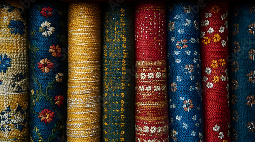 Colorful fabric rolls with ...