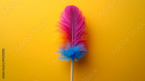 Colorful feather duster on yellow background. photo