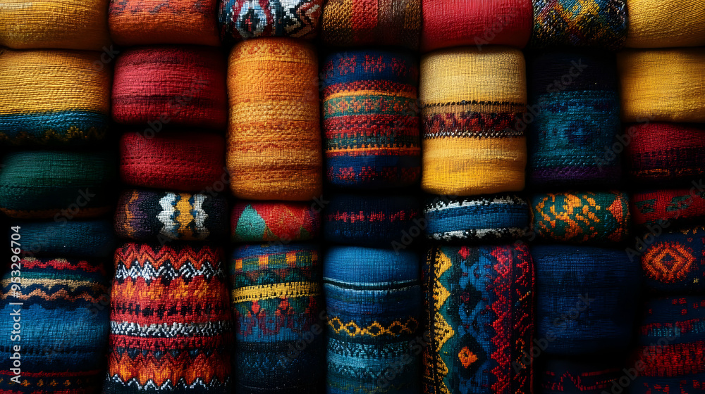 Colorful patterned fabric rolls stacked neatly. Colorful patterned fabric rolls stacked neatly.