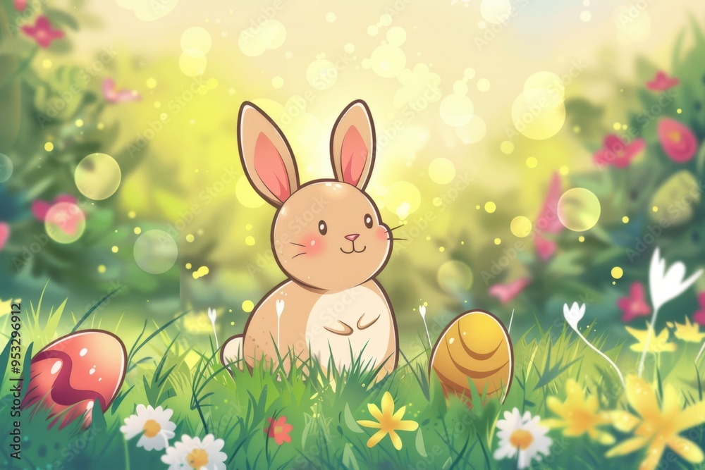 Fototapeta premium Adorable Easter Bunny in a Field. Cute Easter wallpaper high detailed plain background concept