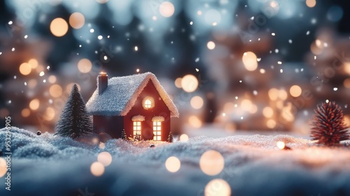 A cozy Christmas winter scene with falling snow and softly glowing bokeh lights, perfect for creating a festive holiday mood.