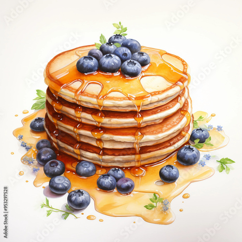 Pancakes sprinkled with honey and decorated with blueberries