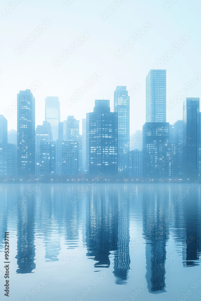 Fototapeta premium City Skyline, A modern city skyline featuring minimalistic buildings with reflective surfaces set against a soft blue background, ideal for visuals and design