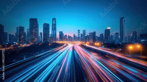 Smart City Technology, A modern cityscape featuring geometric designs, dynamic light trails, and advanced data connectivity to illustrate smart city development