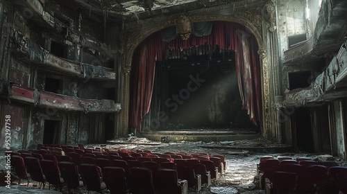 The image displays a grand, abandoned theater with a deteriorating, once-opulent interior. The stage is framed by a large, ornate arch with partially tattered red curtains hanging down. Dust and debri photo