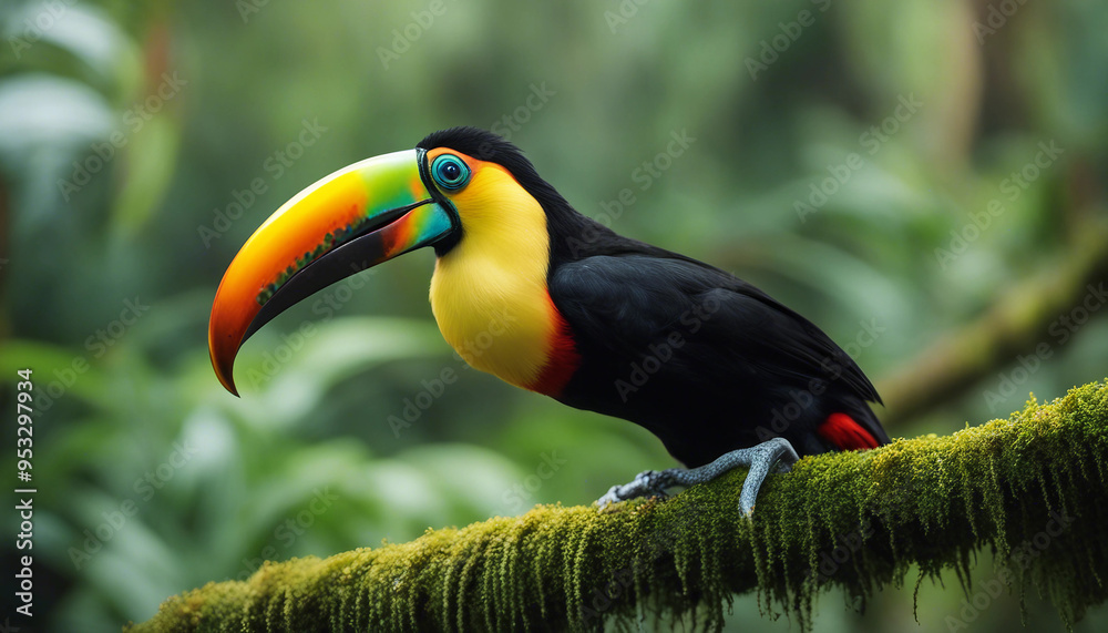 Obraz premium A close-up of a colorful toucan perched on a mossy branch in a dense, green rainforest. The toucan’s