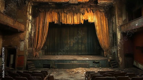 The scene depicts an abandoned theater with a main stage and a curtain hanging in tatters. The golden curtains are worn out, with significant sections torn away, revealing the black backdrop behind. T