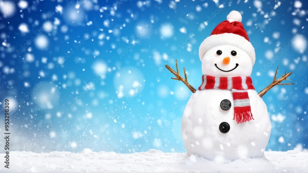 A cheerful snowman surrounded by gently falling snowflakes. With a place for the text. A cheerful snowman surrounded by gently falling snowflakes. With a place for the text.