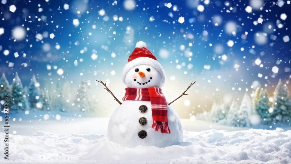 Fototapeta premium A cheerful snowman surrounded by gently falling snowflakes. With a place for the text.