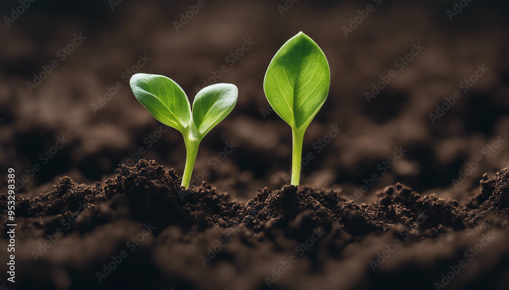 A close-up of a small, vibrant green seedling emerging from rich, dark soil. The young plant is bath A close-up of a small, vibrant green seedling emerging from rich, dark soil. The young plant is bath