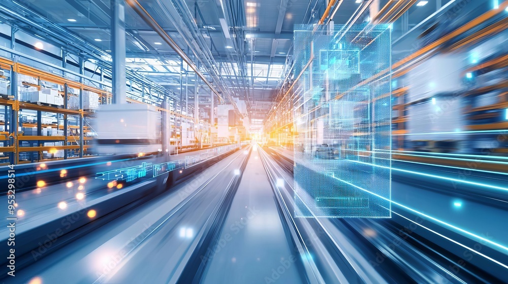 A hightech warehouse featuring AIdriven inventory management, machine learning systems, and robotic integration, all optimized through advanced research A hightech warehouse featuring AIdriven inventory management, machine learning systems, and robotic integration, all optimized through advanced research