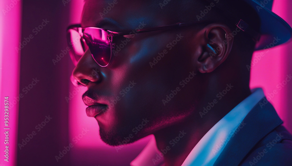 A close-up portrait of a man with dark skin, his face and neck highlighted by dramatic neon lighting A close-up portrait of a man with dark skin, his face and neck highlighted by dramatic neon lighting
