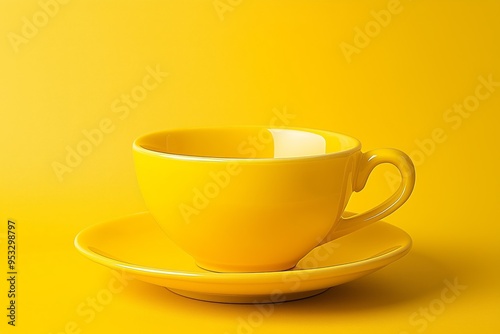 Vibrant yellow teacup and saucer against a matching yellow backdrop, perfect for cheerful kitchen themes and design projects.