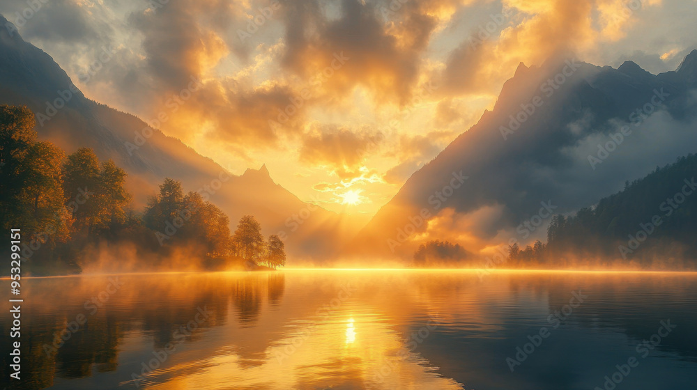 Mountain Lake Sunrise, A serene scene of a golden sunrise illuminating a mist-covered mountain lake, showcasing the beauty of nature's early morning light Mountain Lake Sunrise, A serene scene of a golden sunrise illuminating a mist-covered mountain lake, showcasing the beauty of nature's early morning light