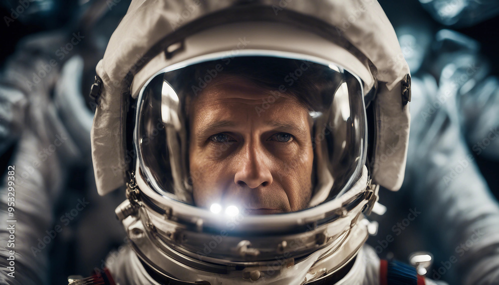 A close-up shot of an astronaut wearing a space helmet, illuminated by soft, warm lighting inside th A close-up shot of an astronaut wearing a space helmet, illuminated by soft, warm lighting inside th