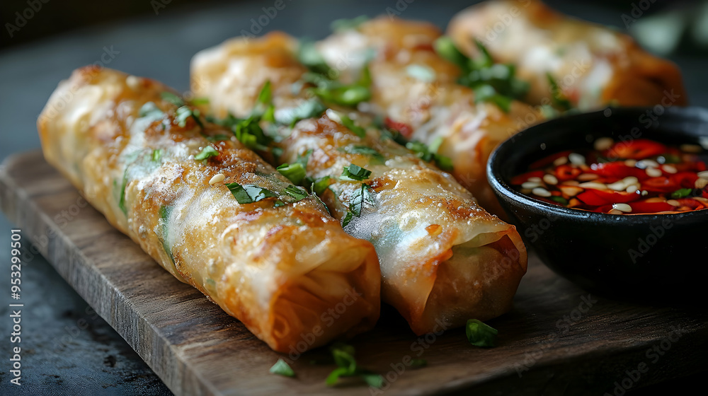 Crispy fried spring rolls with dipping sauce on wooden board. Crispy fried spring rolls with dipping sauce on wooden board.