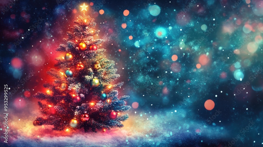 A glowing Christmas tree with ornaments and lights, set against a dark, cozy background, evoking the warmth of the holiday season.