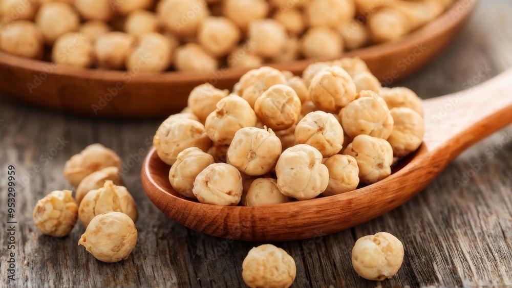 Photo of boiled chickpeas in a small ceramic bowl placed on a wooden surface. A few chickpeas are scattered. Photo of boiled chickpeas in a small ceramic bowl placed on a wooden surface. A few chickpeas are scattered.