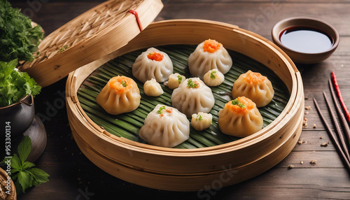 A colorful and appetizing image of a dim sum platter filled with a variety of dumplings and buns. Th photo