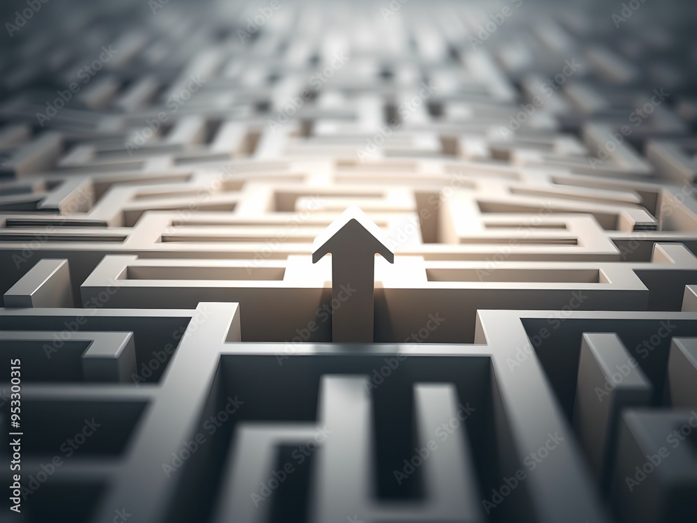 3D maze with arrow leading to success at center 3D maze with arrow leading to success at center