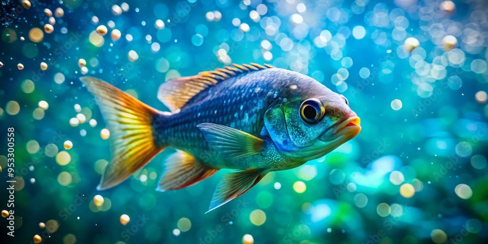 Vibrant macro shot of a single fish swimming near a trickle of water clearer drops in a pristine tank, surrounded by soft blue-green hues and dappled light. Vibrant macro shot of a single fish swimming near a trickle of water clearer drops in a pristine tank, surrounded by soft blue-green hues and dappled light.