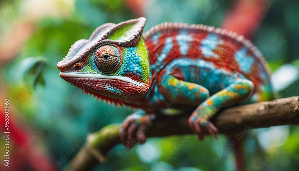 A detailed close-up of a colorful chameleon perched on a tree branch in a lush green jungle. The cha A detailed close-up of a colorful chameleon perched on a tree branch in a lush green jungle. The cha