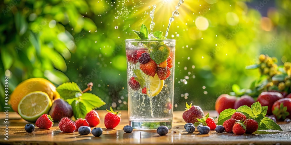 Vibrant refreshing hydration scene capturing elective droplets suspended in mid-air above a glass filled with sparkling water surrounded by lush greenery and summer fruits ambient warm natural light. Vibrant refreshing hydration scene capturing elective droplets suspended in mid-air above a glass filled with sparkling water surrounded by lush greenery and summer fruits ambient warm natural light.