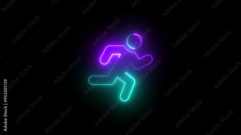 Glowing neon line runner sing. Running neon sign appear in center and disappear after some time. Glowing neon line runner sing. Running neon sign appear in center and disappear after some time.