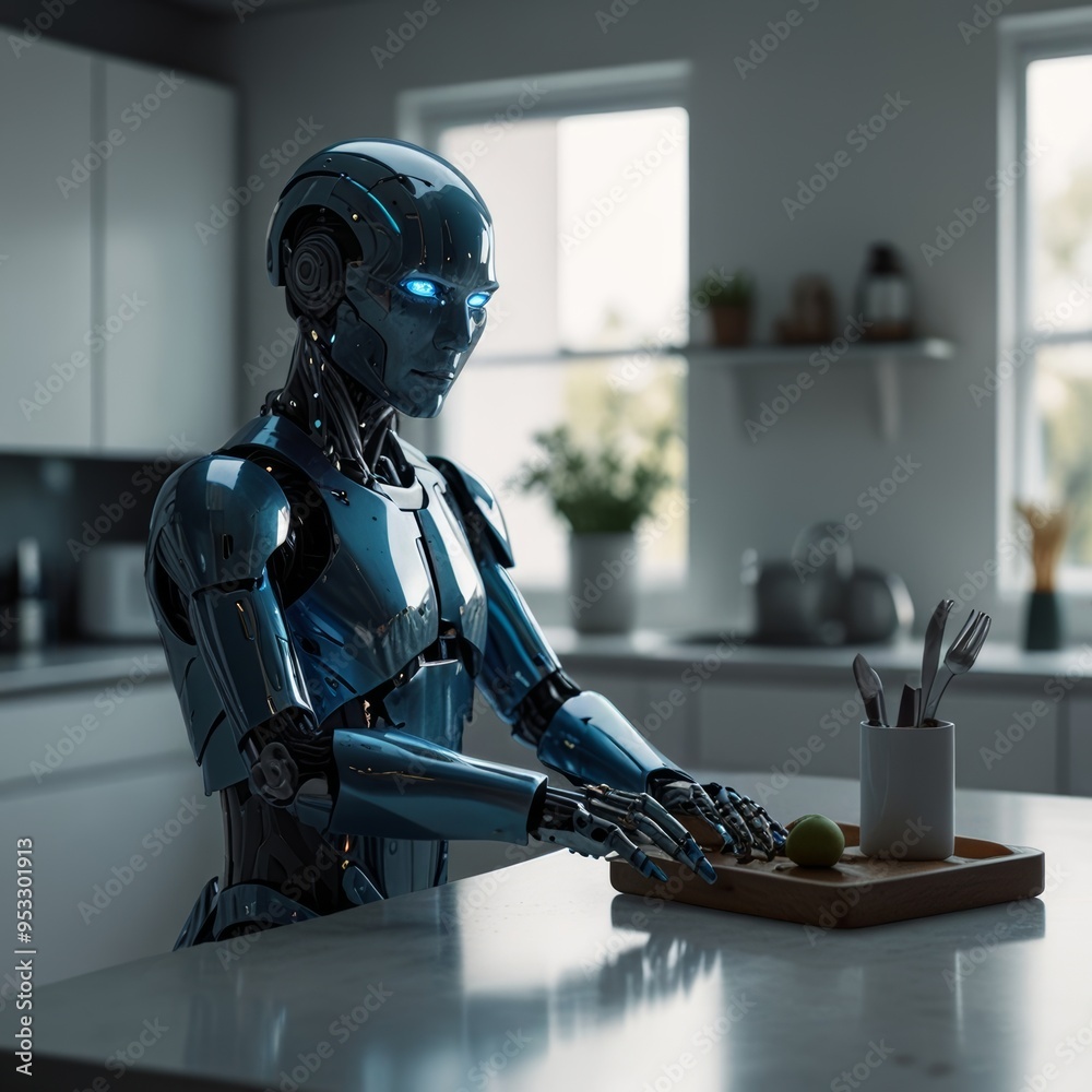 Android with a translucent blue face performing household chores Android with a translucent blue face performing household chores