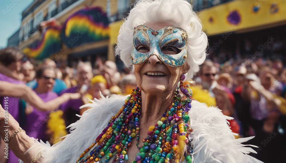 A festive image of an elderly woman wearing a feathered mask and colorful beads, standing among a cr A festive image of an elderly woman wearing a feathered mask and colorful beads, standing among a cr