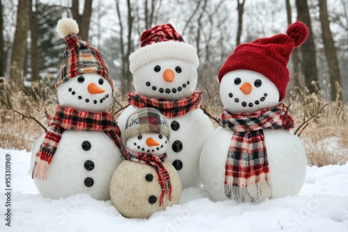 Joyful snowman family with matching scarves and hats photo