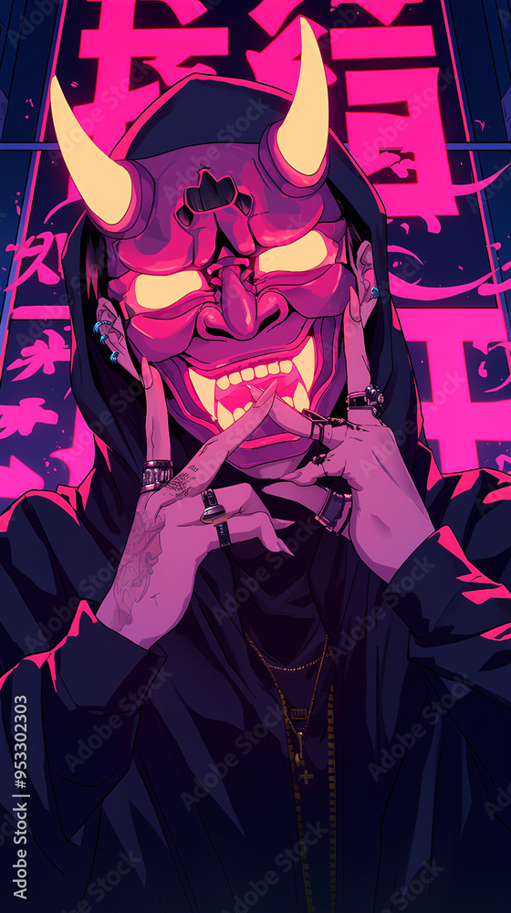 Obraz premium Cyberpunk anime boy head design Oni mask sign pose, profile view with generated ai