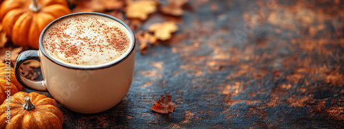 Autumn pumpkin spiced latte in a coffee mug with pumpkins. Perfect for cozy and warm seasonal relaxation.
