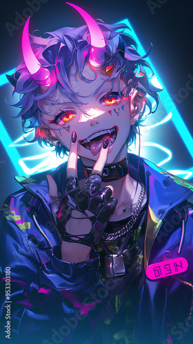 Cyberpunk anime boy head design Oni mask sign pose, profile view with generated ai photo