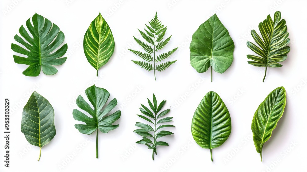 Tropical Green Leaves, A collection of tropical green leaves displayed against a white background, emphasizing their unique shapes and textures for nature-inspired designs Tropical Green Leaves, A collection of tropical green leaves displayed against a white background, emphasizing their unique shapes and textures for nature-inspired designs