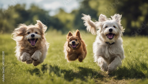 A lively scene of two fluffy dogs running through a green meadow on a bright, sunny day. The foregro photo