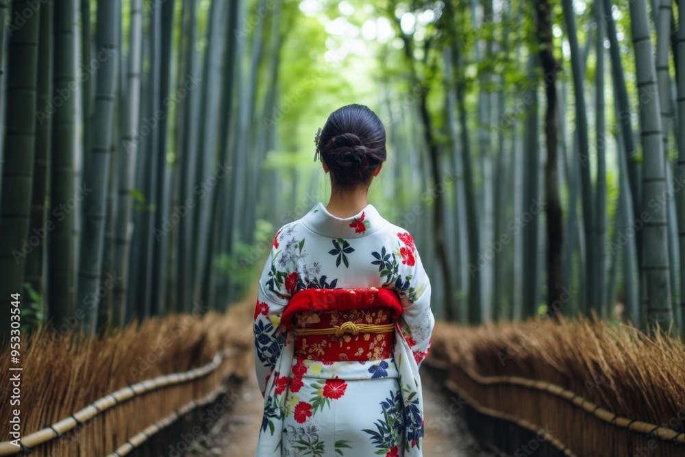Woman wearing traditional kimono walking in bamboo forest in japan Woman wearing traditional kimono walking in bamboo forest in japan